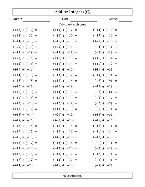The Adding Mixed Integers from -20 to 20 (75 Questions; All Parentheses) (C) Math Worksheet