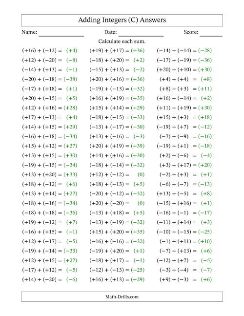 The Adding Mixed Integers from -20 to 20 (75 Questions; All Parentheses) (C) Math Worksheet Page 2