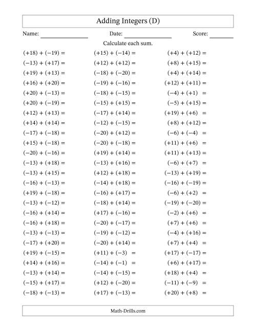 The Adding Mixed Integers from -20 to 20 (75 Questions; All Parentheses) (D) Math Worksheet