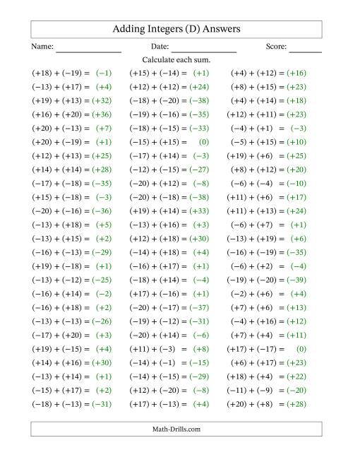 The Adding Mixed Integers from -20 to 20 (75 Questions; All Parentheses) (D) Math Worksheet Page 2