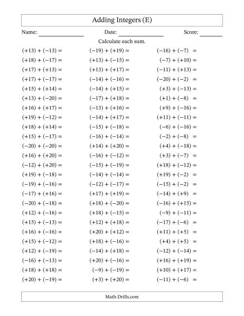 The Adding Mixed Integers from -20 to 20 (75 Questions; All Parentheses) (E) Math Worksheet