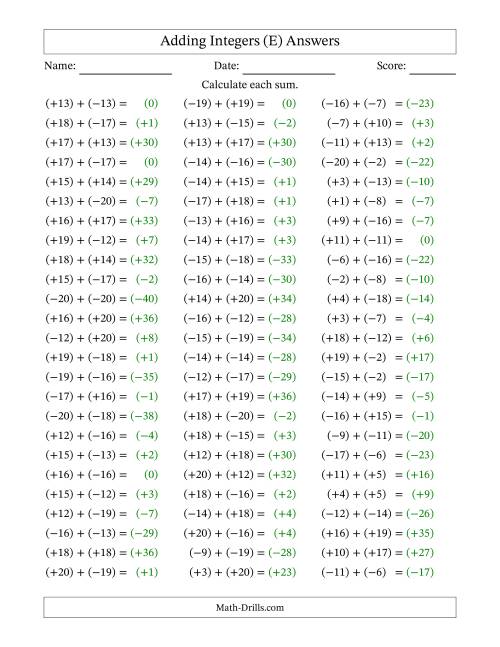 The Adding Mixed Integers from -20 to 20 (75 Questions; All Parentheses) (E) Math Worksheet Page 2