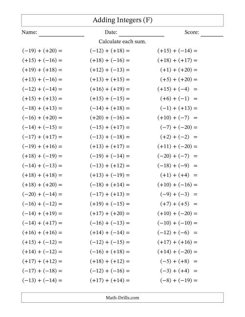 The Adding Mixed Integers from -20 to 20 (75 Questions; All Parentheses) (F) Math Worksheet
