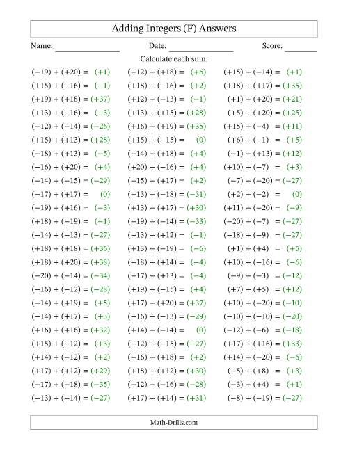 The Adding Mixed Integers from -20 to 20 (75 Questions; All Parentheses) (F) Math Worksheet Page 2