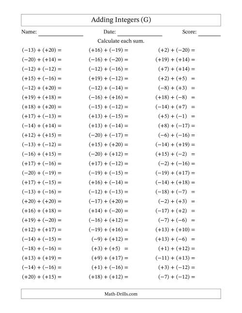 The Adding Mixed Integers from -20 to 20 (75 Questions; All Parentheses) (G) Math Worksheet