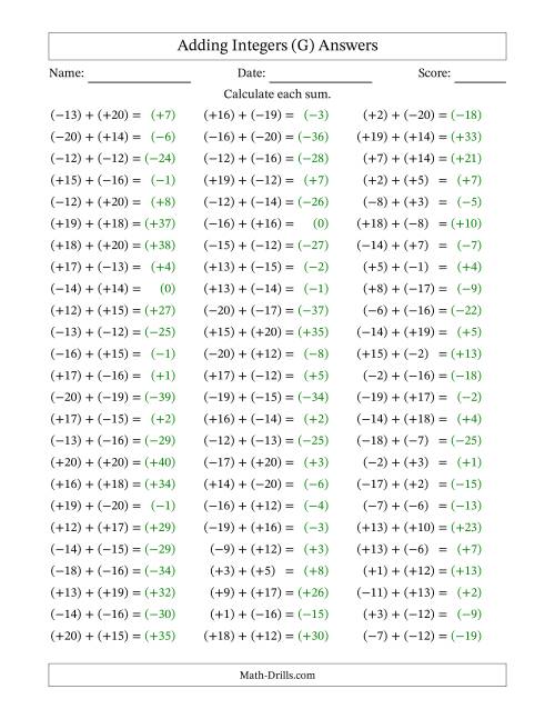 The Adding Mixed Integers from -20 to 20 (75 Questions; All Parentheses) (G) Math Worksheet Page 2
