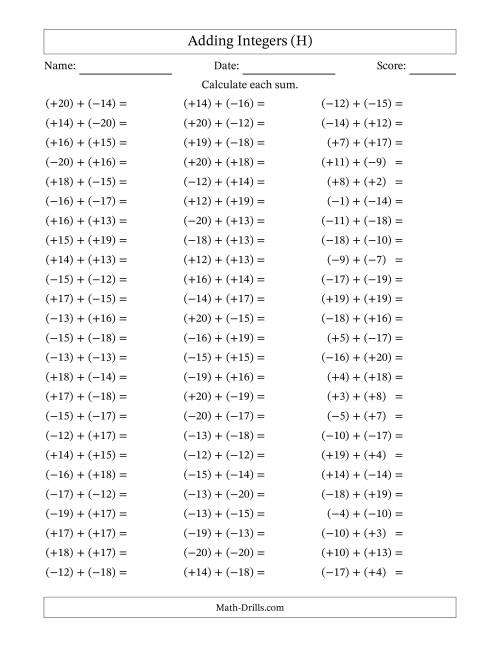 The Adding Mixed Integers from -20 to 20 (75 Questions; All Parentheses) (H) Math Worksheet