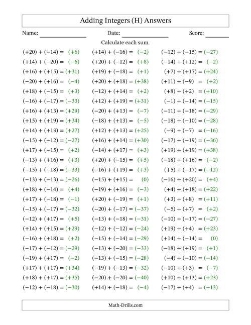 The Adding Mixed Integers from -20 to 20 (75 Questions; All Parentheses) (H) Math Worksheet Page 2