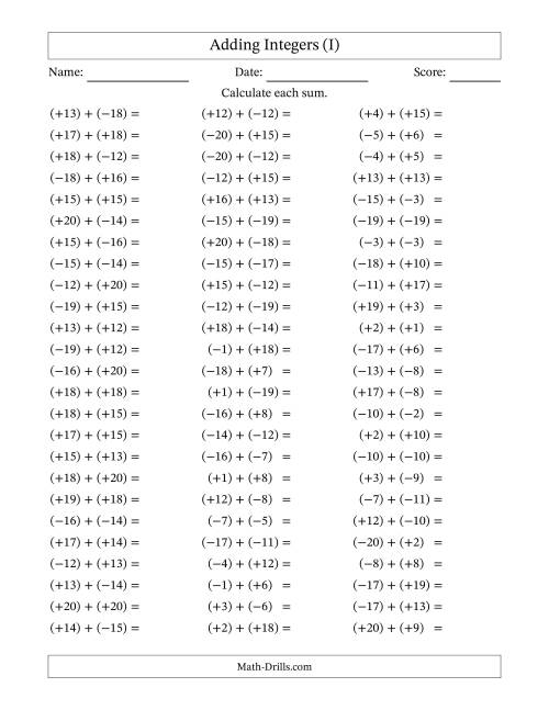 The Adding Mixed Integers from -20 to 20 (75 Questions; All Parentheses) (I) Math Worksheet