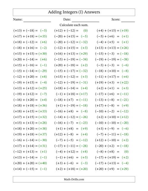 The Adding Mixed Integers from -20 to 20 (75 Questions; All Parentheses) (I) Math Worksheet Page 2