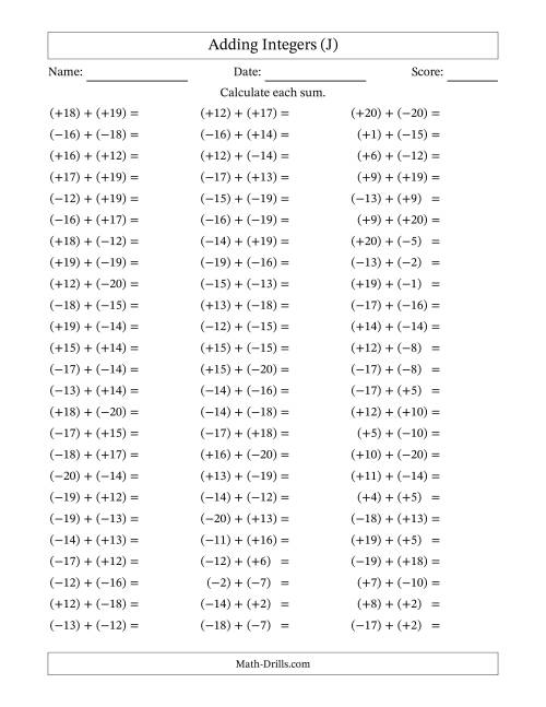 The Adding Mixed Integers from -20 to 20 (75 Questions; All Parentheses) (J) Math Worksheet