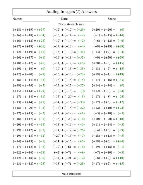 The Adding Mixed Integers from -20 to 20 (75 Questions; All Parentheses) (J) Math Worksheet Page 2
