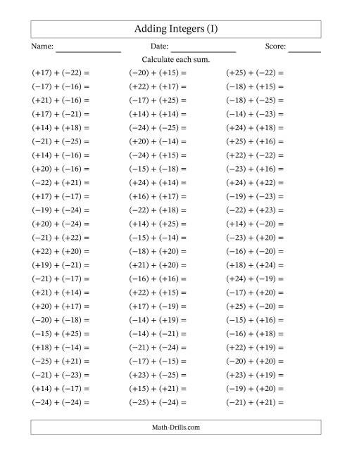 The Adding Mixed Integers from -25 to 25 (75 Questions; All Parentheses) (I) Math Worksheet