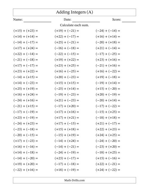 The Adding Mixed Integers from -25 to 25 (75 Questions; All Parentheses) (All) Math Worksheet