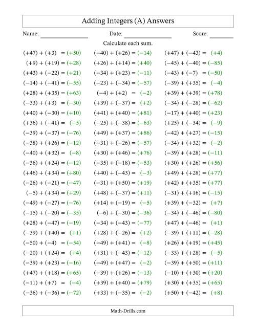 The Adding Mixed Integers from -50 to 50 (75 Questions; All Parentheses) (A) Math Worksheet Page 2