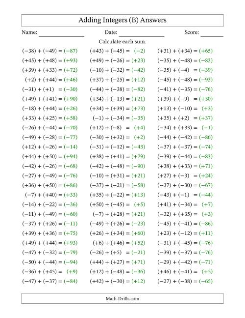 The Adding Mixed Integers from -50 to 50 (75 Questions; All Parentheses) (B) Math Worksheet Page 2