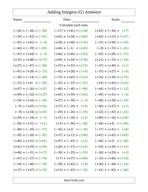 The Adding Mixed Integers from -50 to 50 (75 Questions; All Parentheses) (G) Math Worksheet Page 2