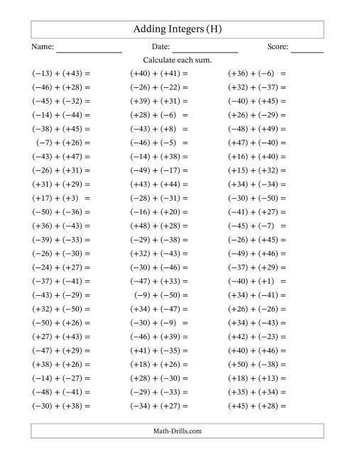The Adding Mixed Integers from -50 to 50 (75 Questions; All Parentheses) (H) Math Worksheet