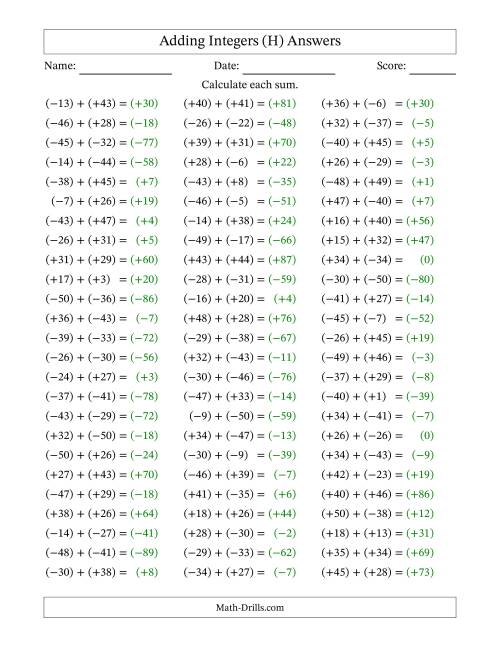 The Adding Mixed Integers from -50 to 50 (75 Questions; All Parentheses) (H) Math Worksheet Page 2