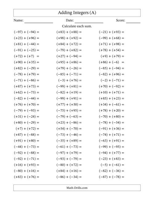 The Adding Mixed Integers from -99 to 99 (75 Questions; All Parentheses) (A) Math Worksheet