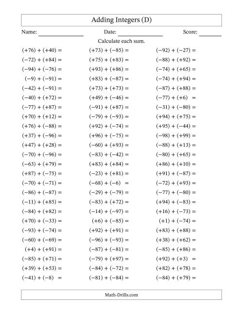 The Adding Mixed Integers from -99 to 99 (75 Questions; All Parentheses) (D) Math Worksheet