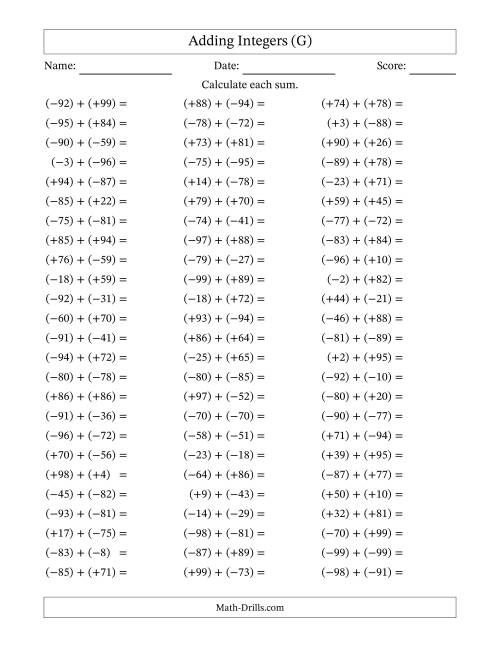 The Adding Mixed Integers from -99 to 99 (75 Questions; All Parentheses) (G) Math Worksheet
