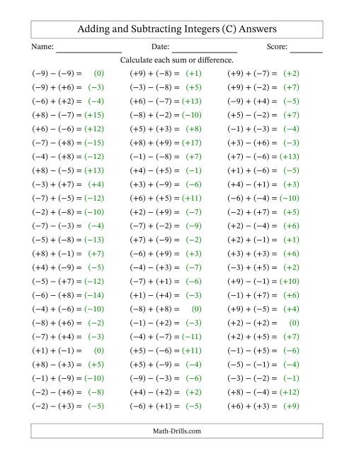 The Adding and Subtracting Mixed Integers from -9 to 9 (75 Questions; All Parentheses) (C) Math Worksheet Page 2