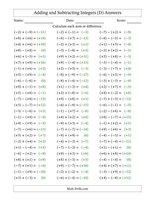 The Adding and Subtracting Mixed Integers from -9 to 9 (75 Questions; All Parentheses) (D) Math Worksheet Page 2