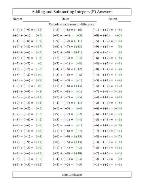 The Adding and Subtracting Mixed Integers from -9 to 9 (75 Questions; All Parentheses) (F) Math Worksheet Page 2