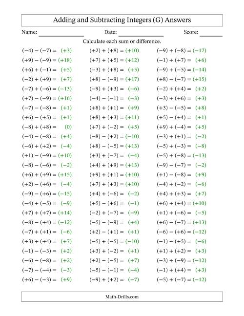 The Adding and Subtracting Mixed Integers from -9 to 9 (75 Questions; All Parentheses) (G) Math Worksheet Page 2
