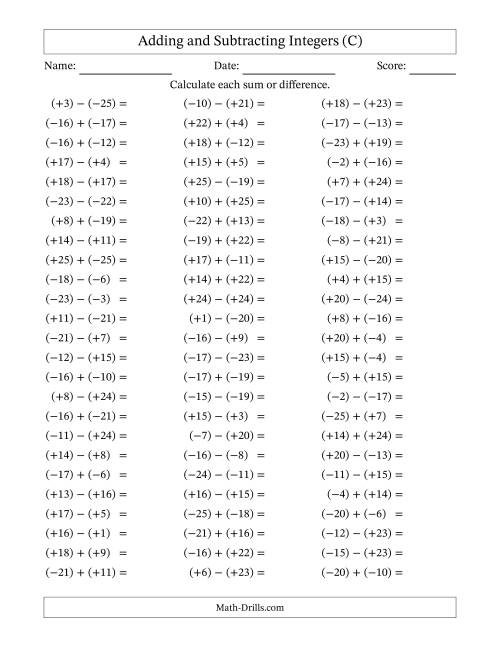 The Adding and Subtracting Mixed Integers from -25 to 25 (75 Questions; All Parentheses) (C) Math Worksheet