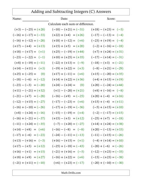 The Adding and Subtracting Mixed Integers from -25 to 25 (75 Questions; All Parentheses) (C) Math Worksheet Page 2