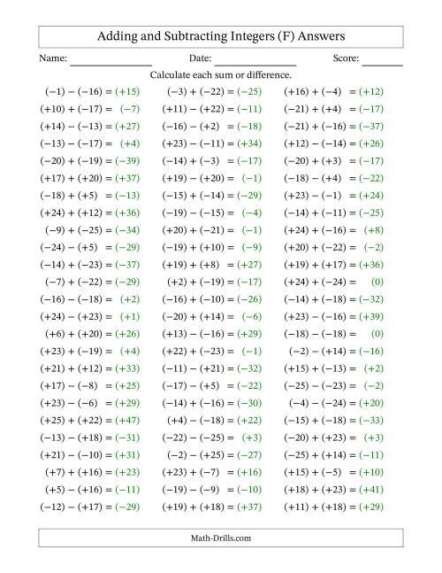 The Adding and Subtracting Mixed Integers from -25 to 25 (75 Questions; All Parentheses) (F) Math Worksheet Page 2