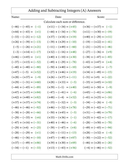 The Adding and Subtracting Mixed Integers from -50 to 50 (75 Questions; All Parentheses) (A) Math Worksheet Page 2