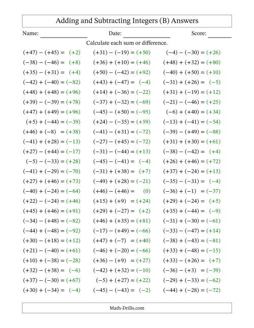 The Adding and Subtracting Mixed Integers from -50 to 50 (75 Questions; All Parentheses) (B) Math Worksheet Page 2