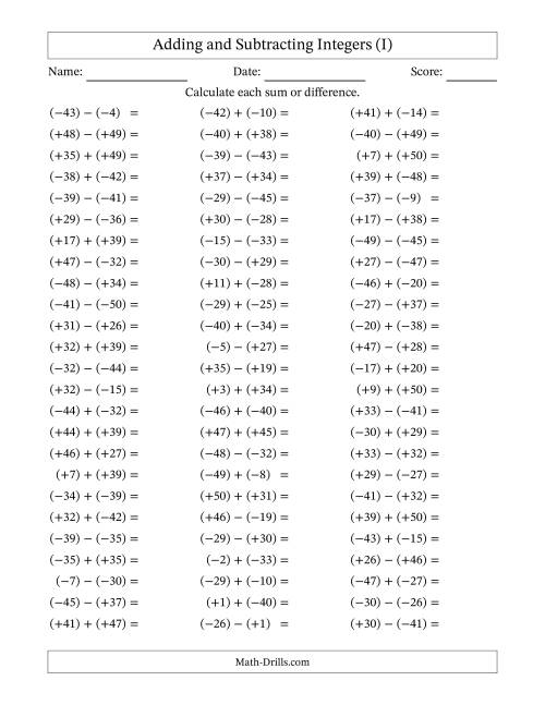 The Adding and Subtracting Mixed Integers from -50 to 50 (75 Questions; All Parentheses) (I) Math Worksheet