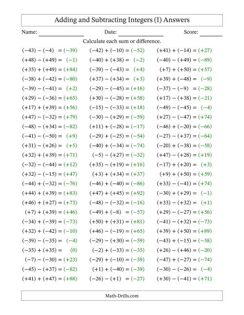 The Adding and Subtracting Mixed Integers from -50 to 50 (75 Questions; All Parentheses) (I) Math Worksheet Page 2