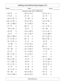 Integers Worksheets