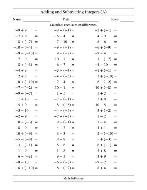 The Adding and Subtracting Mixed Integers from -10 to 10 (75 Questions) (A) Math Worksheet