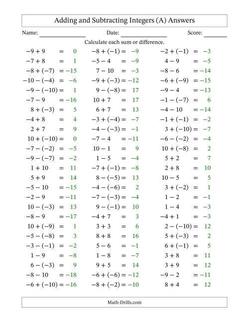 Integer Addition And Subtraction Range 10 To 10 A