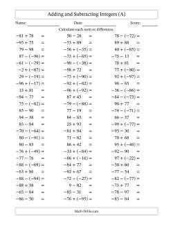 Adding and Subtracting Mixed Integers from -99 to 99 (75 Questions)