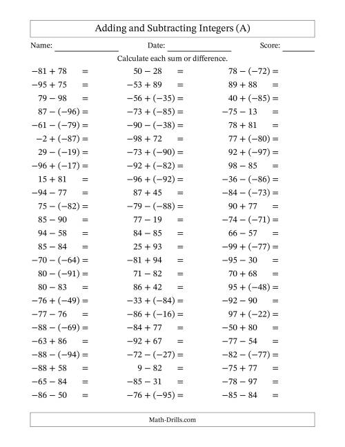The Adding and Subtracting Mixed Integers from -99 to 99 (75 Questions) (A) Math Worksheet