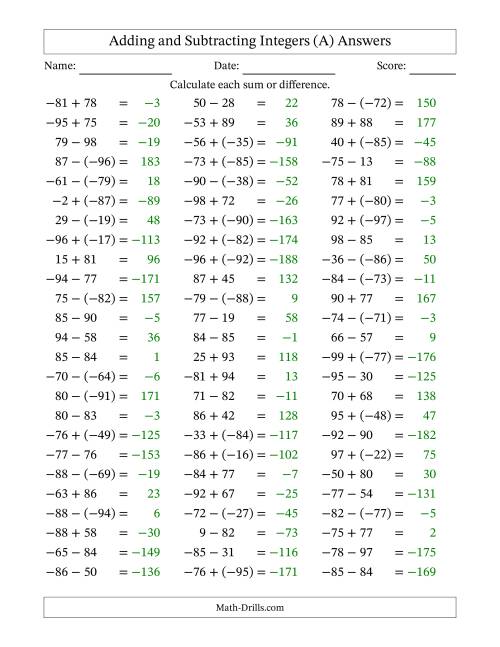 The Adding and Subtracting Mixed Integers from -99 to 99 (75 Questions) (All) Math Worksheet Page 2