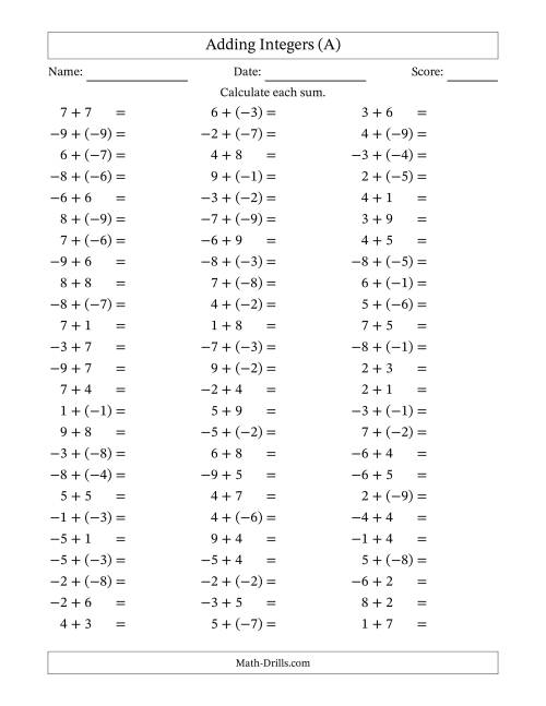 The Adding Mixed Integers from -9 to 9 (75 Questions) (A) Math Worksheet