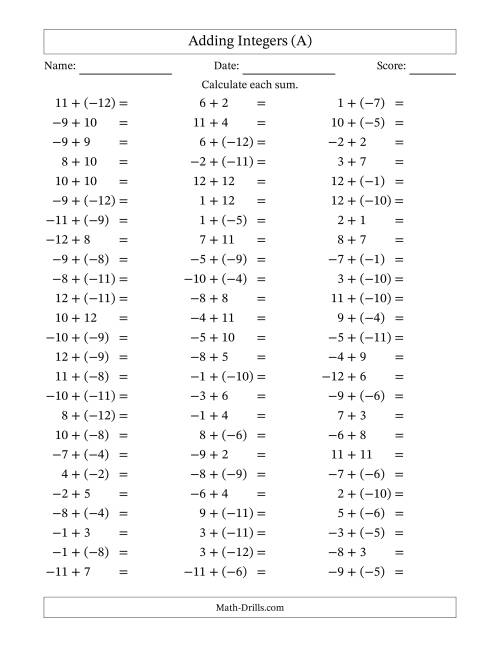The Adding Mixed Integers from -12 to 12 (75 Questions) (A) Math Worksheet