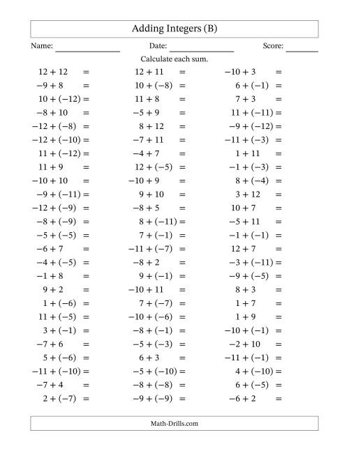 The Adding Mixed Integers from -12 to 12 (75 Questions) (B) Math Worksheet