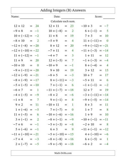 The Adding Mixed Integers from -12 to 12 (75 Questions) (B) Math Worksheet Page 2
