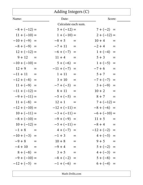 The Adding Mixed Integers from -12 to 12 (75 Questions) (C) Math Worksheet
