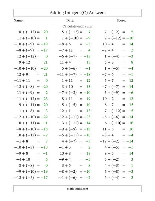 The Adding Mixed Integers from -12 to 12 (75 Questions) (C) Math Worksheet Page 2