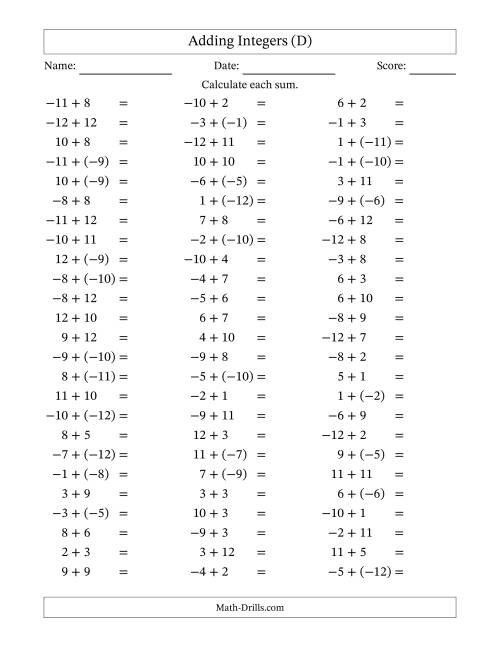 The Adding Mixed Integers from -12 to 12 (75 Questions) (D) Math Worksheet